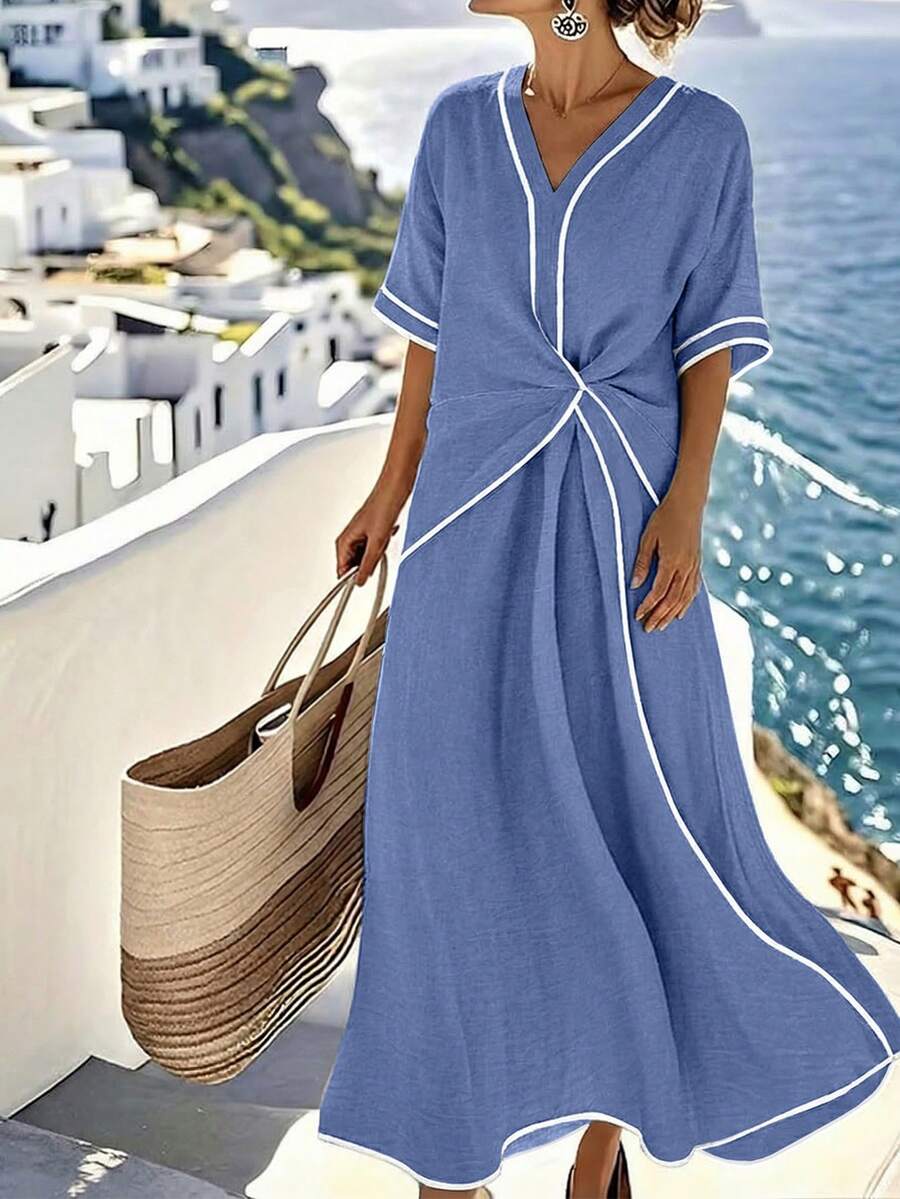 Weeklong Vestido maxi de manga corta con bloqueo de color en algodón y lino color albaricoque y negro, un vestido para mujer de talla grande adecuado para vacaciones casuales y salidas diarias en primavera y verano. - Azul - Ver 1