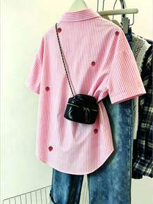 Resyla Women's Strawberry Pattern Striped Short Sleeve Single-Breasted Casual Shirt - Multicolor - View 2
