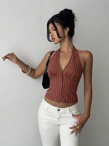Aloruh Women Cotton Striped Stand Collar Single-Breasted Vest Thin Blazer In Fall/Winter - Brown - View 3