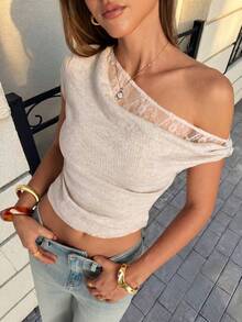 Firerie Women's Casual Asymmetrical Shoulder Cropped T-Shirt - Apricot - View 1