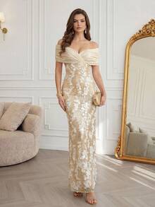 Modelyn 秋冬季优雅方领长袖修身鱼尾连衣裙，拖尾拼接蕾丝刺绣晚礼服，婚纱，派对礼服，圣诞礼服，情人节礼服 - 杏色 - 查看 2