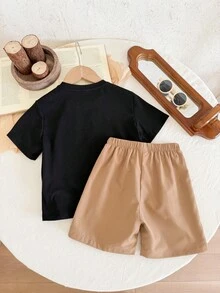 SHEIN Little Byeori 2pcs/Set Young Boy Casual Vacation Print Short Sleeve T-Shirt And Shorts, Suitable For Summer - Black - View 2
