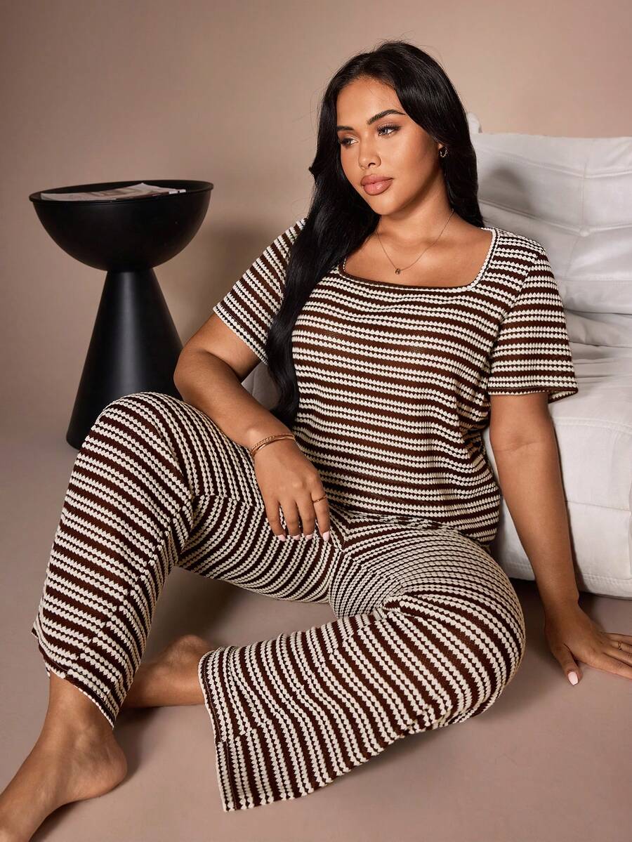 Plus Size Fashionable Woven Striped Casual Loungewear Set - Coffee Brown - View 1