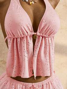Bellisia 26SS Light Pink Summer Tropical Beach Holiday Vacation Mesh Embroidery Spaghetti Strap Triangle Bikini Matching 3 Pieces Set Mediterranean Fabric - Pink - View 7