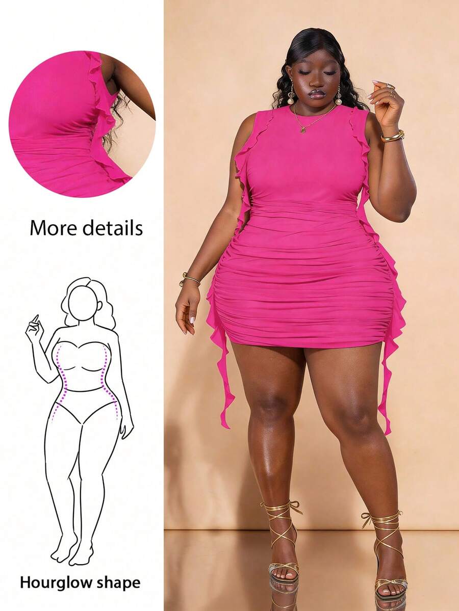 CurvyTilda Váy ngắn ôm sát cơ thể viền bèo nhún màu sáng thanh lịch dành cho lễ hội âm nhạc cỡ lớn dành cho nữ/Đi nghỉ dưỡng trên bãi biển/Trang phục mùa hè/Ngày của mẹ/Mẹ/Mẹ/Mẹ/Ngày của mẹ/Mẹ/Mẹ/Quà tặng Ngày của mẹ, Váy sinh nhật cho phụ nữ - Màu Hồng Tươi - Xem 1