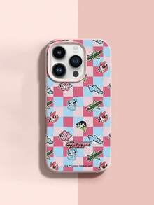 THE POWERPUFF GIRLS X SHEIN 飞天小女警花花泡泡毛毛全角色粉蓝棋盘格卡通印花粉色边框皮革质感手机壳防震防摔全包保护套适用于iPhone 17 Pro 16 15 14 13 12 Pro Max Plus Y2K复古美学可爱少女ins风高档手机壳 - 彩色 - 查看 6