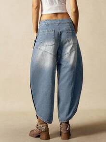 Bohemela Quần jean denim nữ đa năng, dáng rộng, có túi, vạt bất đối xứng - Rửa nhẹ - Xem 7