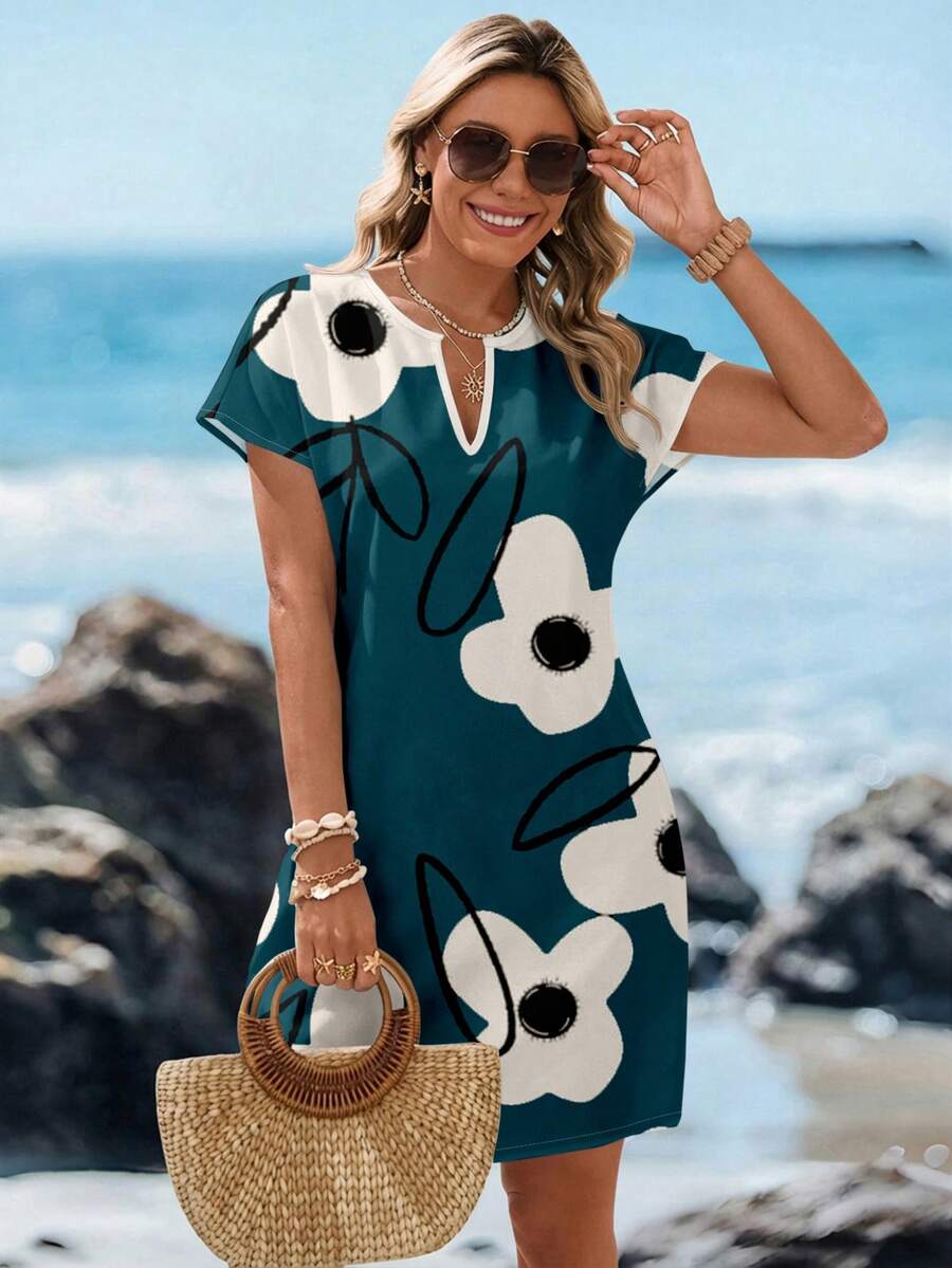 Sylviya Đầm ngắn cổ chữ V in hoa dành cho nữ, kiểu dáng thường ngày, thích hợp cho mùa xuân và mùa hè. - Nhiều màu - Xem 1