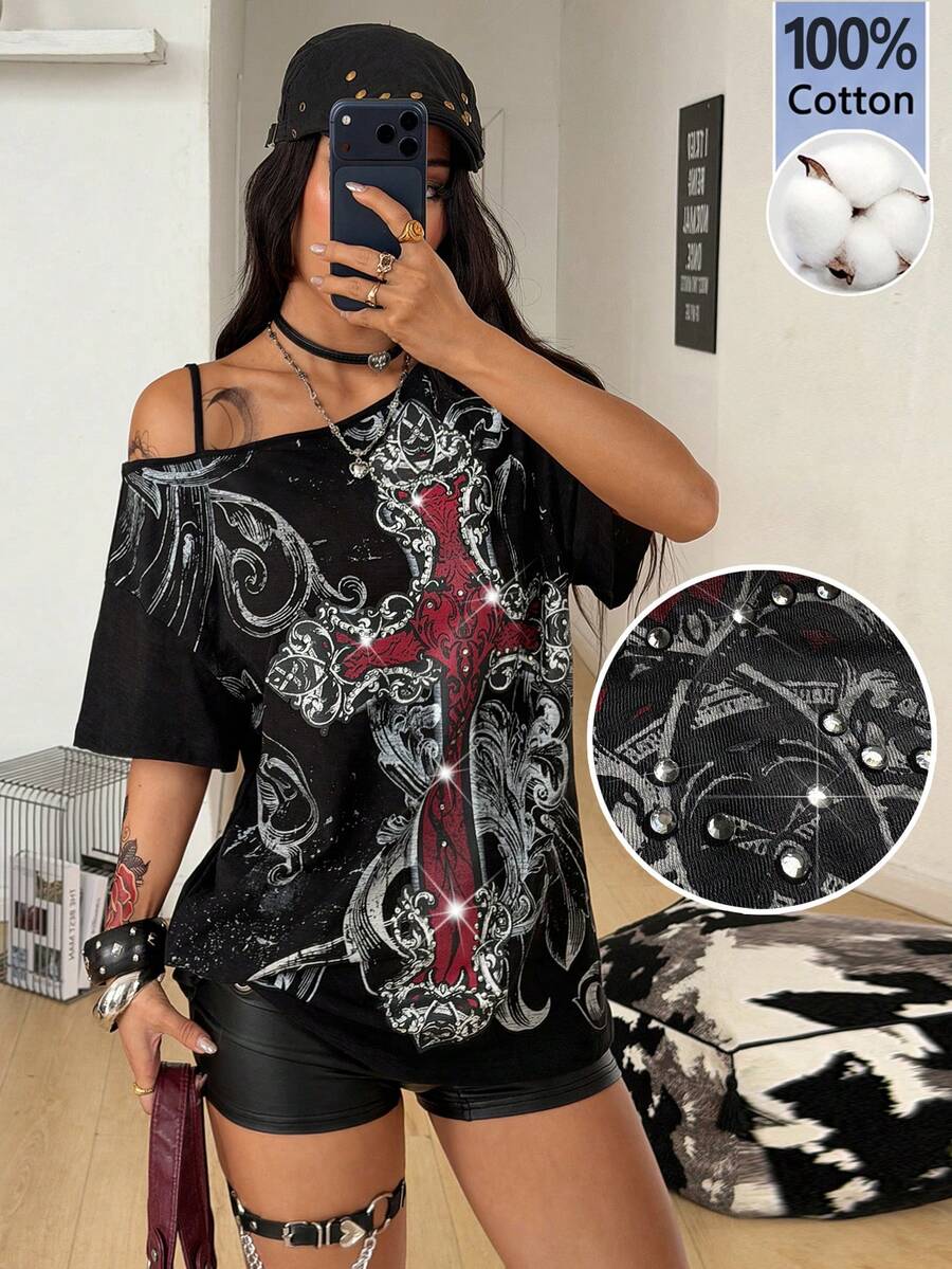 Coolane 女士夏季日常穿搭 Y2K 嘻哈复古街头风针织数字星形图案弹力舒适不对称领口藏蓝色宽松短袖套头T恤,适合音乐节 - 黑色 - 查看 1