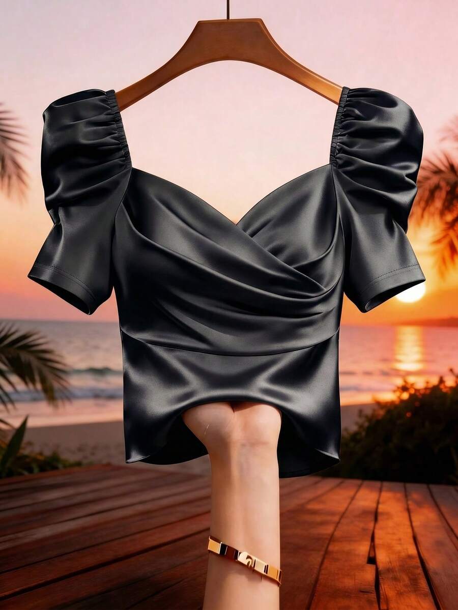 EMERY ROSE Blusa/camisa de mujer de satén sólido con cintura ceñida, mangas abultadas, elegante y encantadora para uso diario, vacaciones, viajes, moda, citas, estilo francés retro y versátil para primavera/verano en color champán - Negro - Ver 1