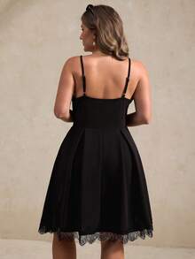 Elegantrix Plus Size Women's Spring/Summer French Elegant Outdoor/Date Tea Party/Casual Deep V-Neck Spaghetti Strap Lace Decor Waist A-Line Knit Mini Slip Dress - Black - View 2