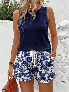 2pcs Women Casual Round Neck Tank Top And Shorts Set, Suitable For Summer Wear - Multicolor - View 3