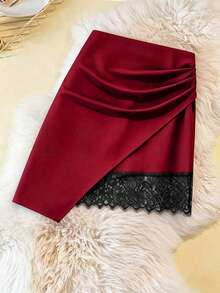 Rometta Plus Size Women's Asymmetrical Hem Ruched Lace Patchwork Skirt, Elegant For Commuting Gym And Outings Brown Autumn - Burgundy - View 7