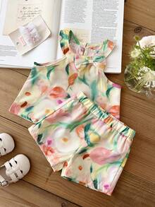 SHEIN Baby Girl Outfits 6Months-3year 2pcs/Set Pastel Yellow Summmer Tropical 2nd Birthday Elegant Sleeveless Ruffled Flower Printing Top And Shorts Suit - Multicolor - View 8