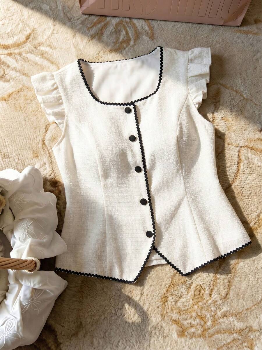 Elaquor Plus Size Women Casual Single-Breasted Cap Sleeve Shirt - Apricot - View 1