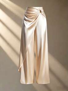 GlowEve 女士休闲缎面阔腿直筒裤 - 香檳色 - 查看 8