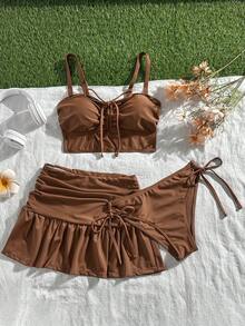 Swim Mod 女士休闲度假沙滩派对优雅纯棕色粗肩带复古乡村风比基尼沙滩三件套，夏季 - 棕色 - 查看 1