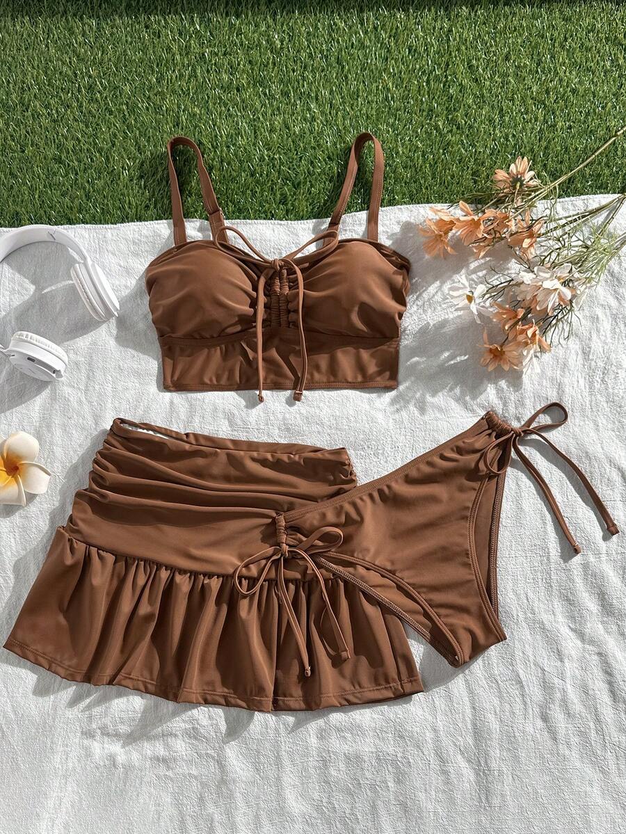 Swim Mod 女士休闲度假沙滩派对优雅纯棕色粗肩带复古乡村风比基尼沙滩三件套，夏季 - 棕色 - 查看 1