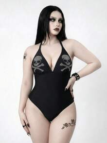 ROMWE Goth 2026 New Rhinestone Embellished Dark Style Plus Size One-Piece Swimsuit, Summer - Black - View 3