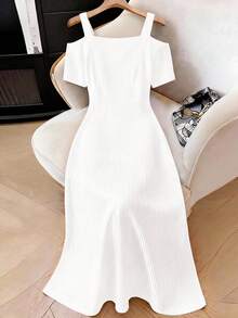 Elenzga Plus Size Elegant Solid Color Off-Shoulder Wrap Dress, Summer - White - View 2