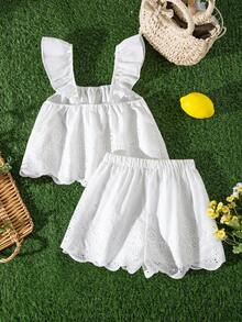 Sparklyn Bộ áo gile móc rỗng và quần short thường ngày cho bé gái tuổi teen - trắng - Xem 2