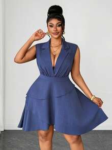 Maweii V-Neck Sleeveless Commuting Waist Cinched Asymmetric Hem Dress - Dusty Blue - View 6
