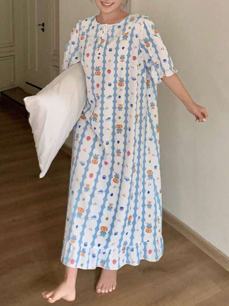 Dazy Plus Cartoon Print Pattern Peter Pan Collar Loose Casual Long Plus Size Women's Spring/Summer Nightgown