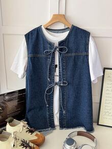 Dazy Plus Plus Size Women Bow Decor Loose Denim Vest, Spring/Summer - Dark Wash - View 4