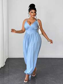 Maweii Bộ jumpsuit xếp ly cổ chữ V sâu, gợi cảm, hiệu ứng denim. - Màu xanh nhạt - Xem 4