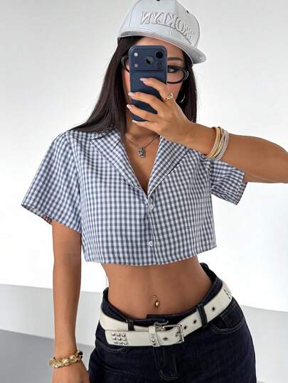 StreetHx Women's Retro Plaid Loose Short Shirt