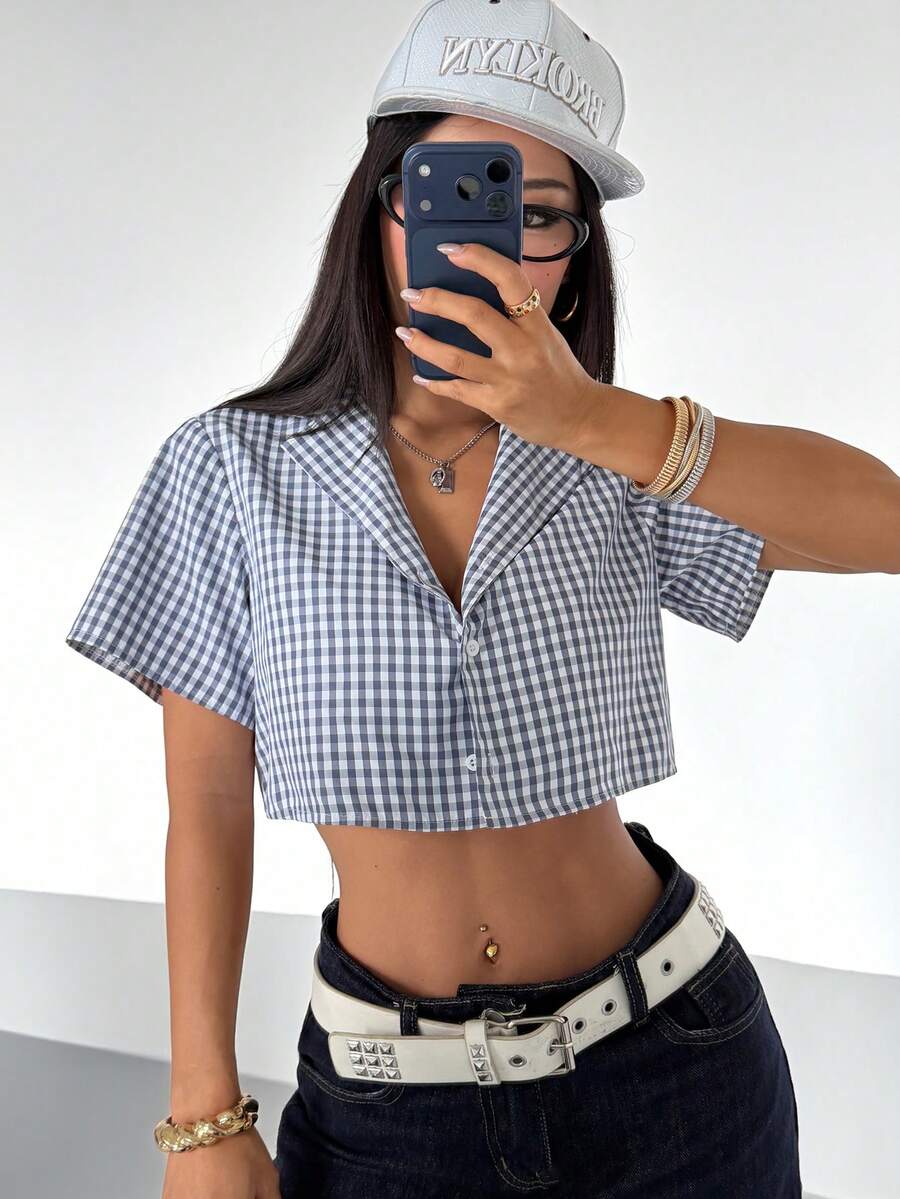SHEIN HypeZone 女士复古格子宽松短衬衫 - 藍色 - 查看 1
