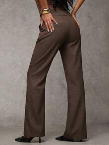 SHEIN Tall CURVE 大码女式纯色口袋休闲日常裤 - 咖啡棕 - 查看 2