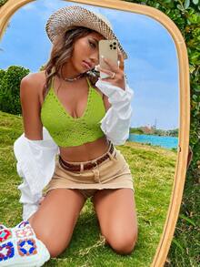 SHEIN Holidaya Áo vest hở lưng cổ yếm móc thủ công, bikini hở lưng gợi cảm khoét rỗng buộc dây cho kỳ nghỉ - màu xanh lá - Xem 4