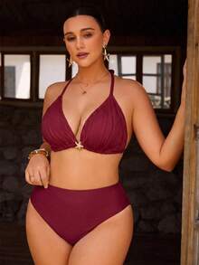 Swim Chiccia 大码女士纯色挂脖三三角比基尼上衣 - 酒紅色 - 查看 4