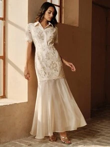 Anewsta Summer Sequin Textured Short Sleeve Half-Placket Dress, Suitable For Vacation, Daily Gatherings - Apricot - View 6