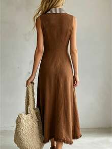Balvessa Women's Woven Summer Long Dress With Casual Striped Pattern And Patchwork Design - Brown - View 2