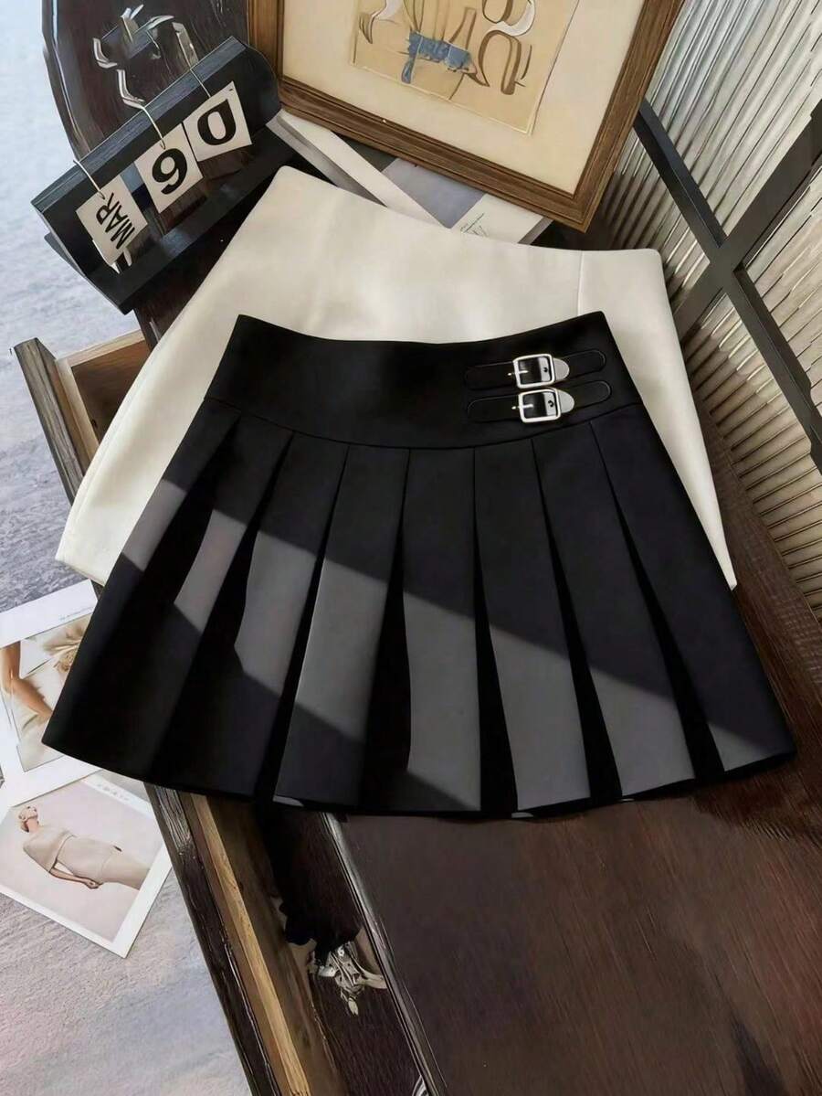 SHEIN Clasi 大码女式高腰半身裙,纽扣装饰,褶裥裙摆,休闲风格,时尚黑色纽扣褶裥半身裙 - 黑色 - 查看 1