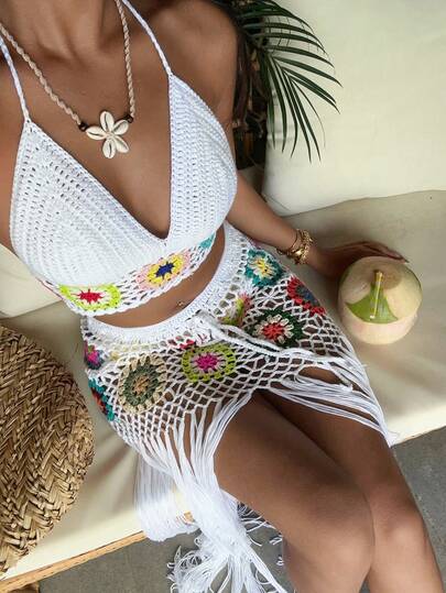Flora Isola Flora Isola Spring/Summer Beach Vacation Style Crochet Spaghetti Strap Strap Tasseled Decorative Women Sweater 2 Pieces Set
