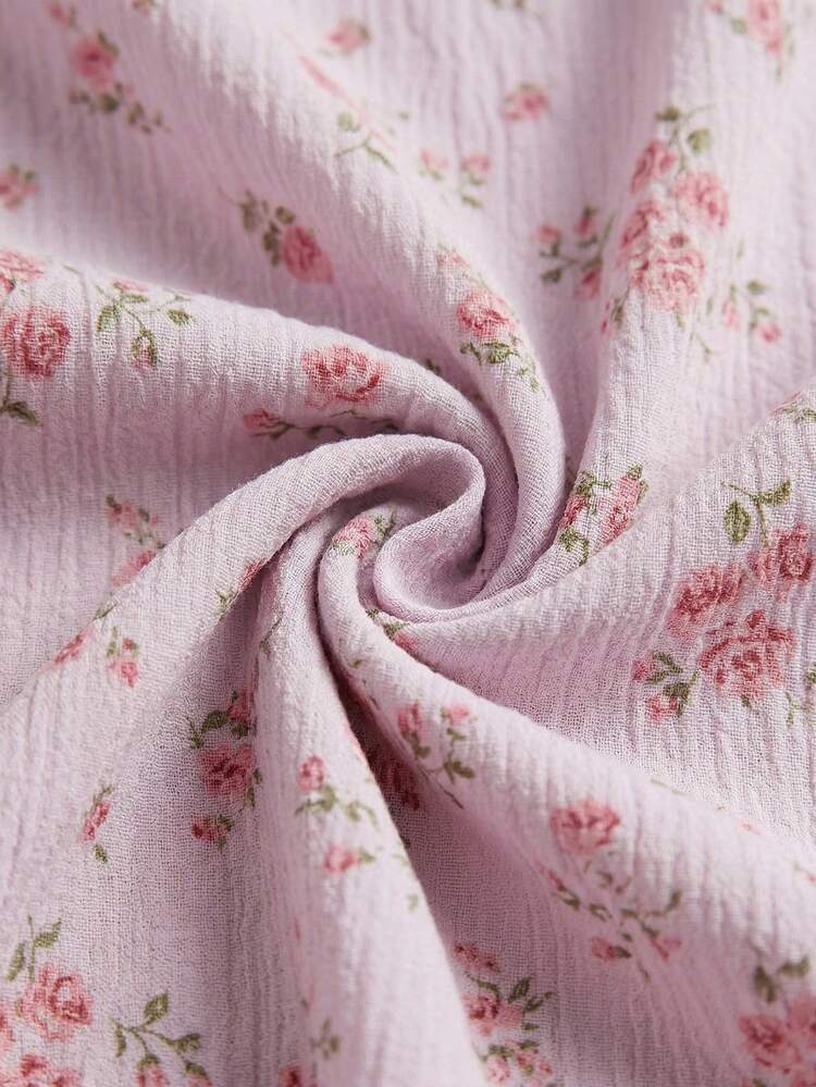 Lilac Check And Rose Print Midi Dress With Pink Lace Trim, Romantic French Style Spring,Summer Dress