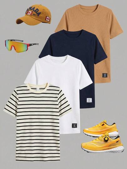 SHEIN 买三送一，4件/套，适合青少年男孩穿着，舒适实惠，休闲百搭，可爱条纹口袋圆领短袖T恤，春夏皆宜，日常穿着、运动、郊游、上学、聚会、节日、拍照、返校季皆可穿着。
