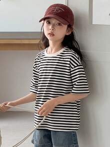 Dazy Kids Ropa de otoño para niña preadolescente, camiseta de manga larga con cuello a rayas de color contrastante - Blanco y Negro - Ver 4