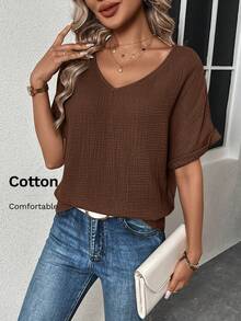 EMERY ROSE Women's Solid V-Neck Casual Versatile Daily Wear Shirt - Brown - View 1