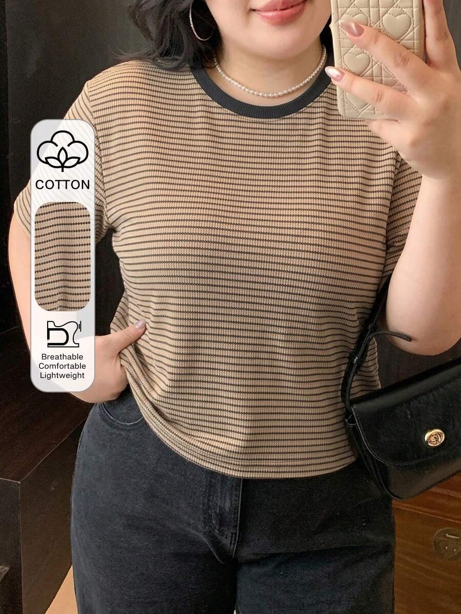 Dazy Plus Color Block Striped Round Neck Short Sleeve Fitted T-Shirt, Spring/Summer - Khaki - View 1