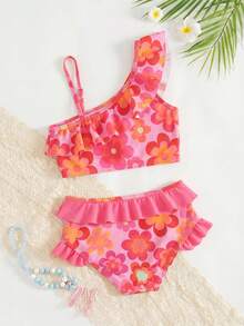 SHEIN Young Girl Floral Print Ruffle Trim Swimsuit Set, Summer Beach Vacation - Multicolor - View 4