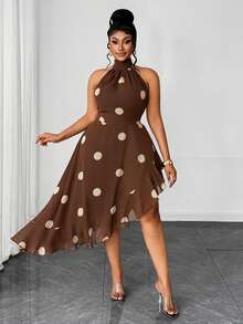 Maweii 大码夏季法式复古棕色波点露背修身不对称下摆度假约会连衣裙 - 棕色 - 查看 1