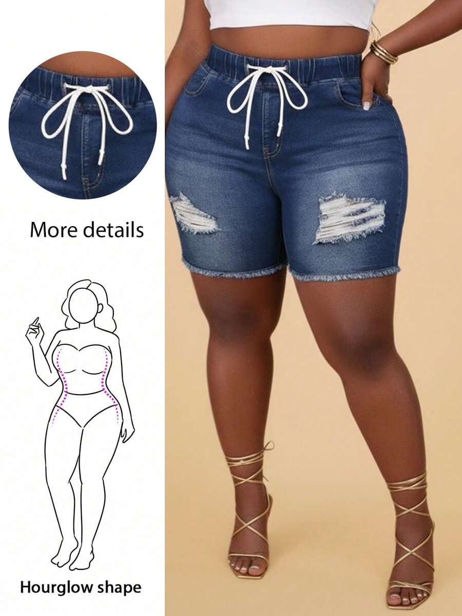CurvyTilda Shorts De Mezclilla Para Talla Grande Con Cordón Y Efecto Desgastado, Adecuados Para Uso Diario - Azul lavado oscuro - Ver 1
