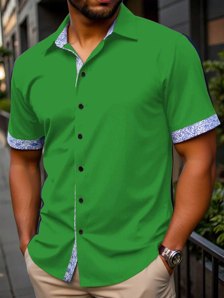 Manfinity Homme Plus Size Men's Floral Print Front Button Casual Short Sleeve Shirt - Green - View 1
