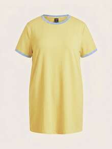 SHEIN BASICS Đầm mùa hè dáng rộng, cổ tròn, tay ngắn, phối màu, cỡ lớn, kiểu dáng thường ngày. - Vàng nhạt - Xem 7