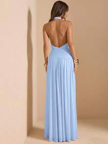 SHEIN BAE Women's Light Blue Summmer Elegant Dinner Halter Neck Ruched Backless Maxi High Slit Dress,Cocktail Party,Formal Event,Bridesmaid Evening Gown,Maxi - Baby Blue - View 2