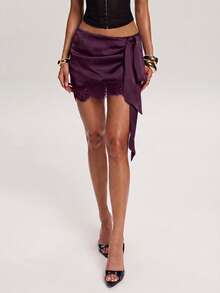 SHEIN BAE Women's Elegant Lace Patchwork Tie-Waist Mini Skirt, Summer - Purple - View 3